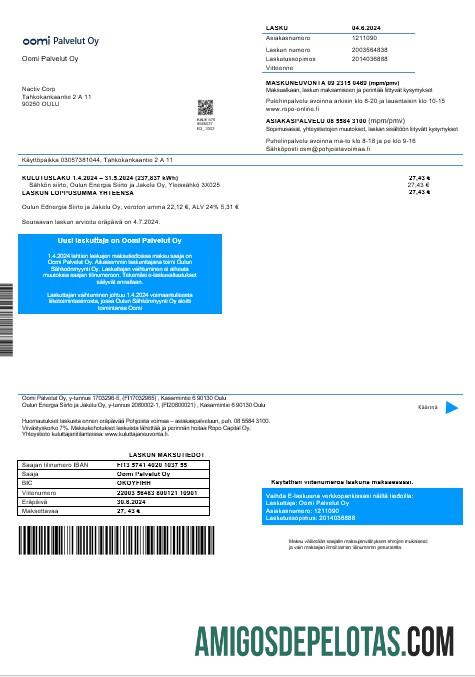 Finlândia Oomi Palvelut Oy Conta de serviços públicos de eletricidade em formatos Word e PDF exemplo